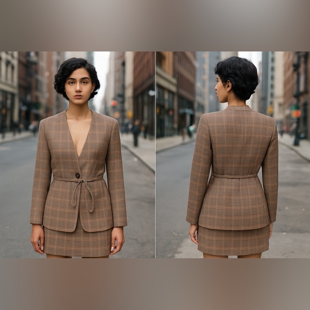 Brown Plaid Blazer Set-Missing label